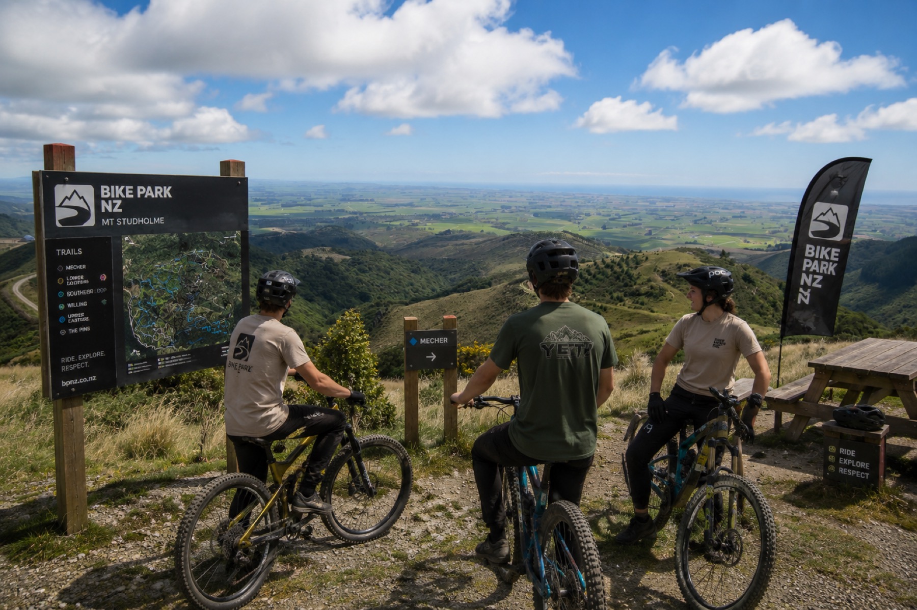 Mountain bikers at an alpine trailhead